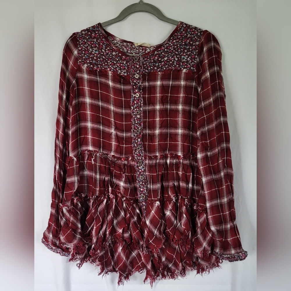 Altar'd State Red Plaid Fringe Blouse Large. SEE DESCRIPTION